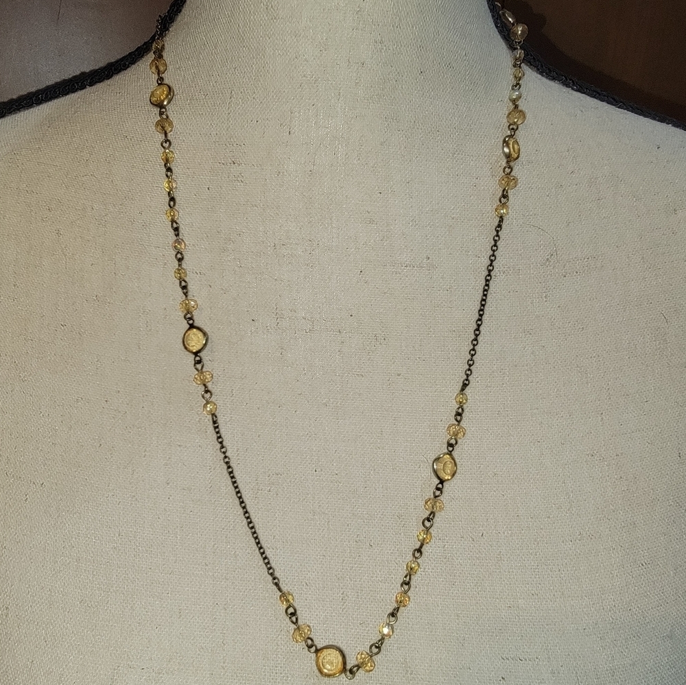 1928 Jewelry Gold Tone Amber Beaded Station Necklace 24”